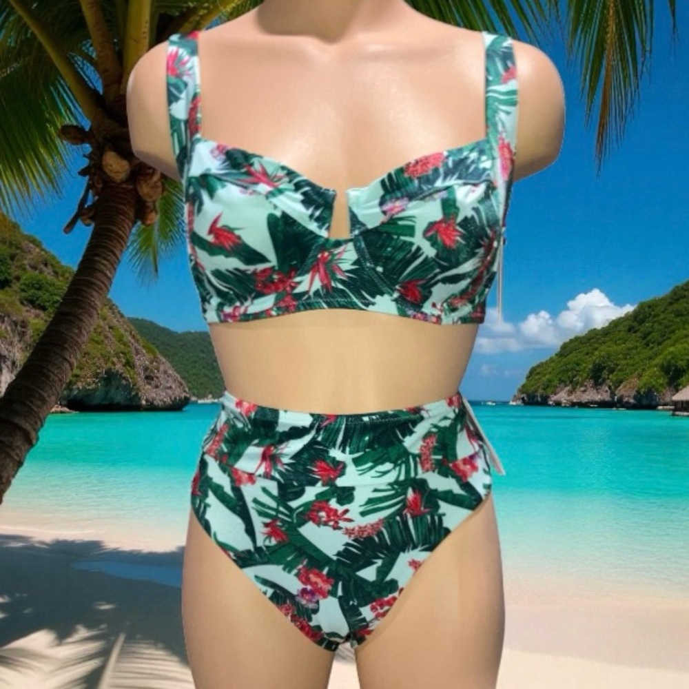 Victoria Secret Very Sexy Bikini Top Mid Rise Bottoms Green Red Tropical 34DD L
